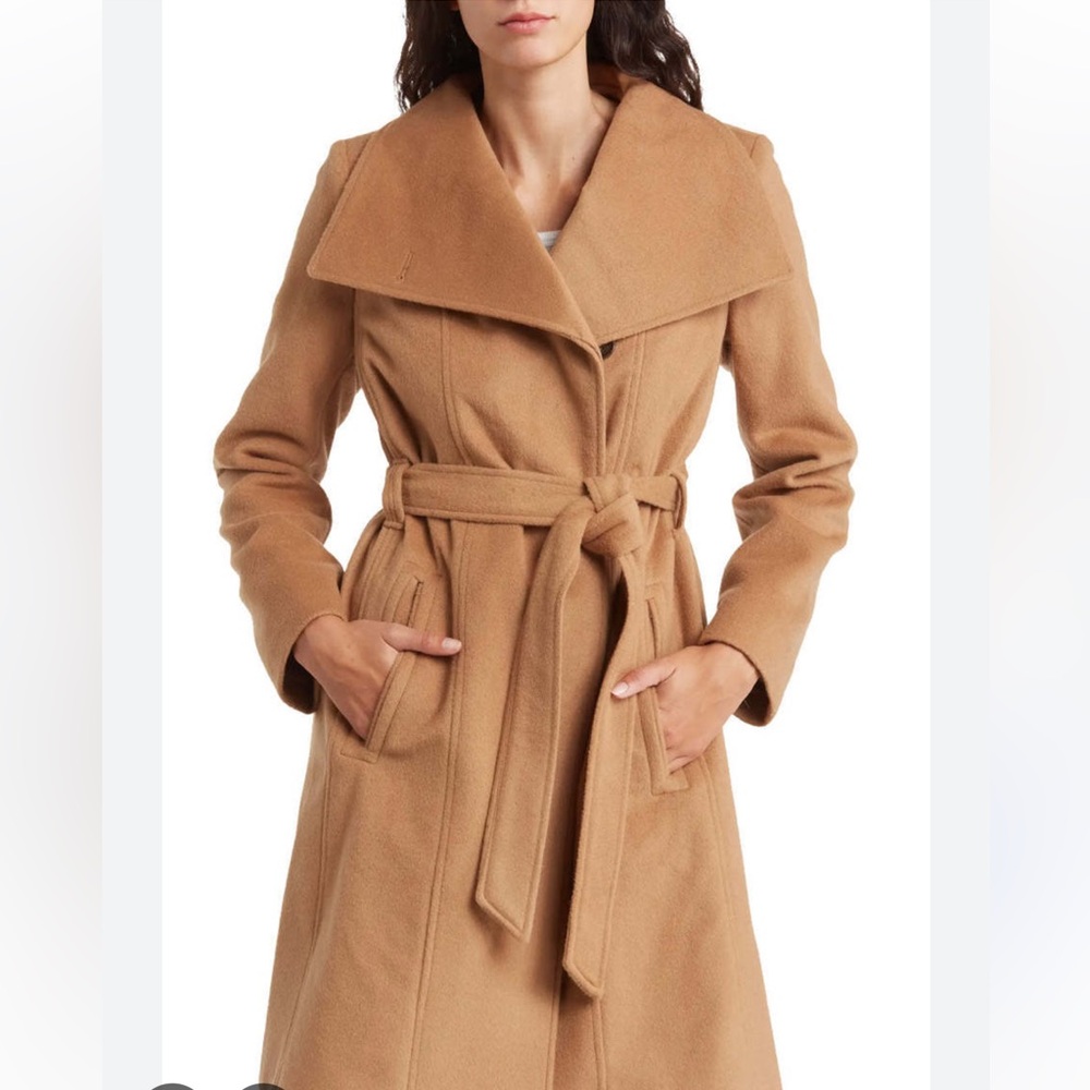 Michael Kors camel‎ wool blend mock neck Tan Belted wrap wool Coat size XL